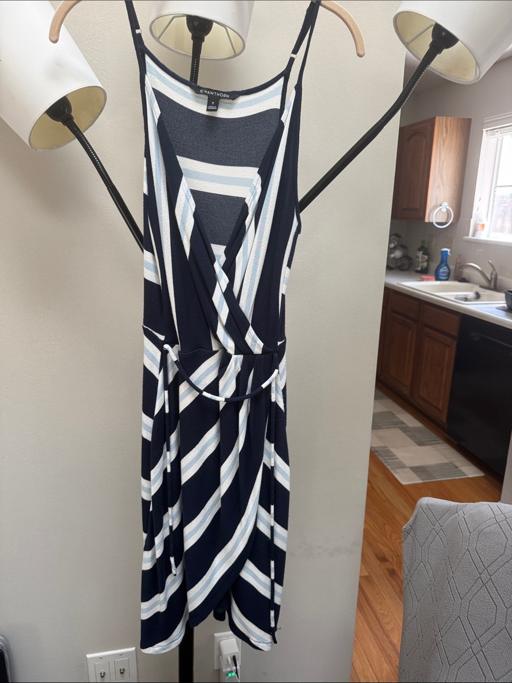 41 Hawthorn Navy, White & Light Blue Striped Faux-Wrap Midi Dress